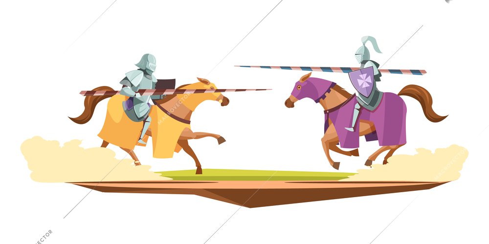 Medieval knits tournament cartoon composition with 2 horsemen in suits of armor in jousting contest vector illustration