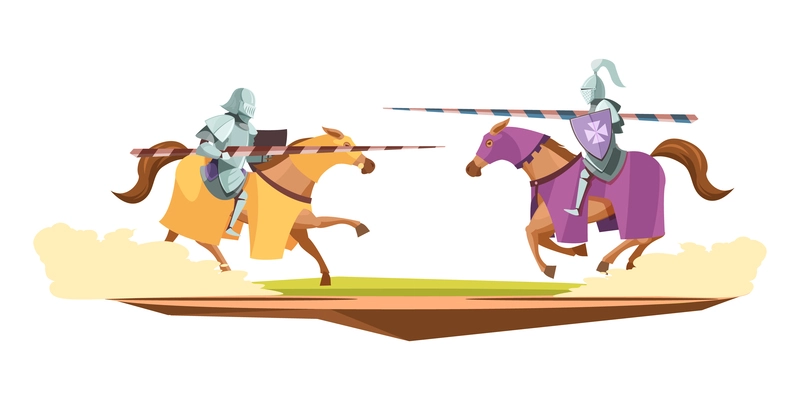 Medieval knits tournament cartoon composition with 2 horsemen in suits of armor in jousting contest vector illustration