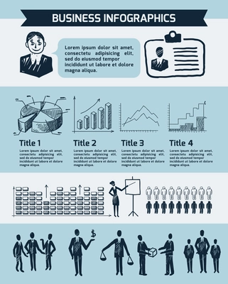 Sketch business organization management structure people infographic with charts isolated vector illustration