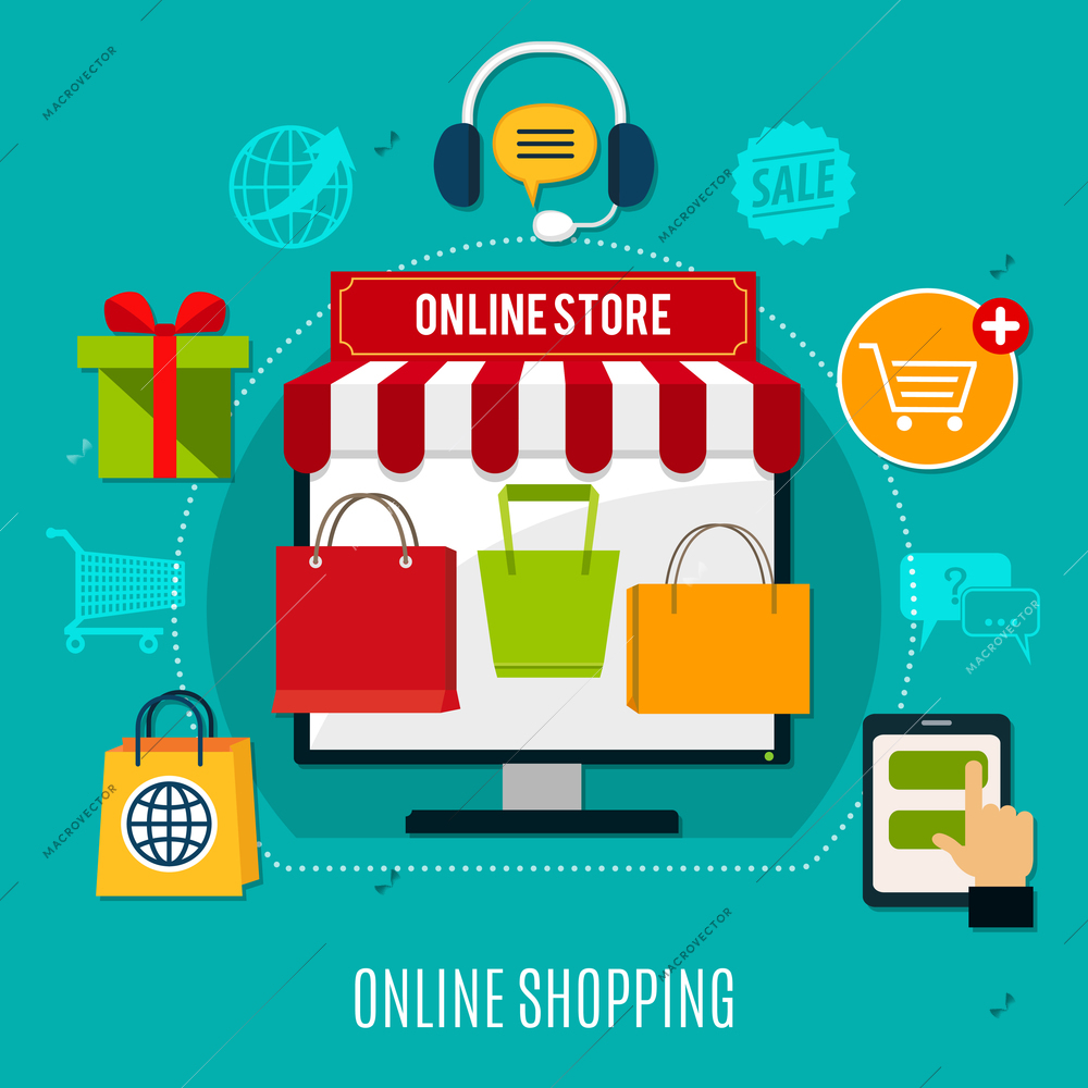 Online shopping composition with store on computer, cart, colorful bags, gift on turquoise background flat vector illustration