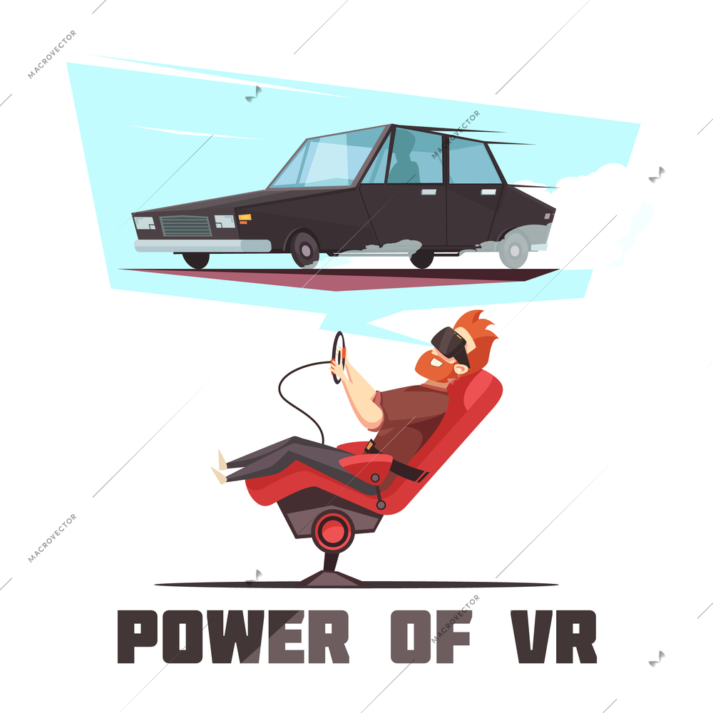 Virtual reality automated car driving experience simulator cartoon composition poster with power of VR lettering vector illustration