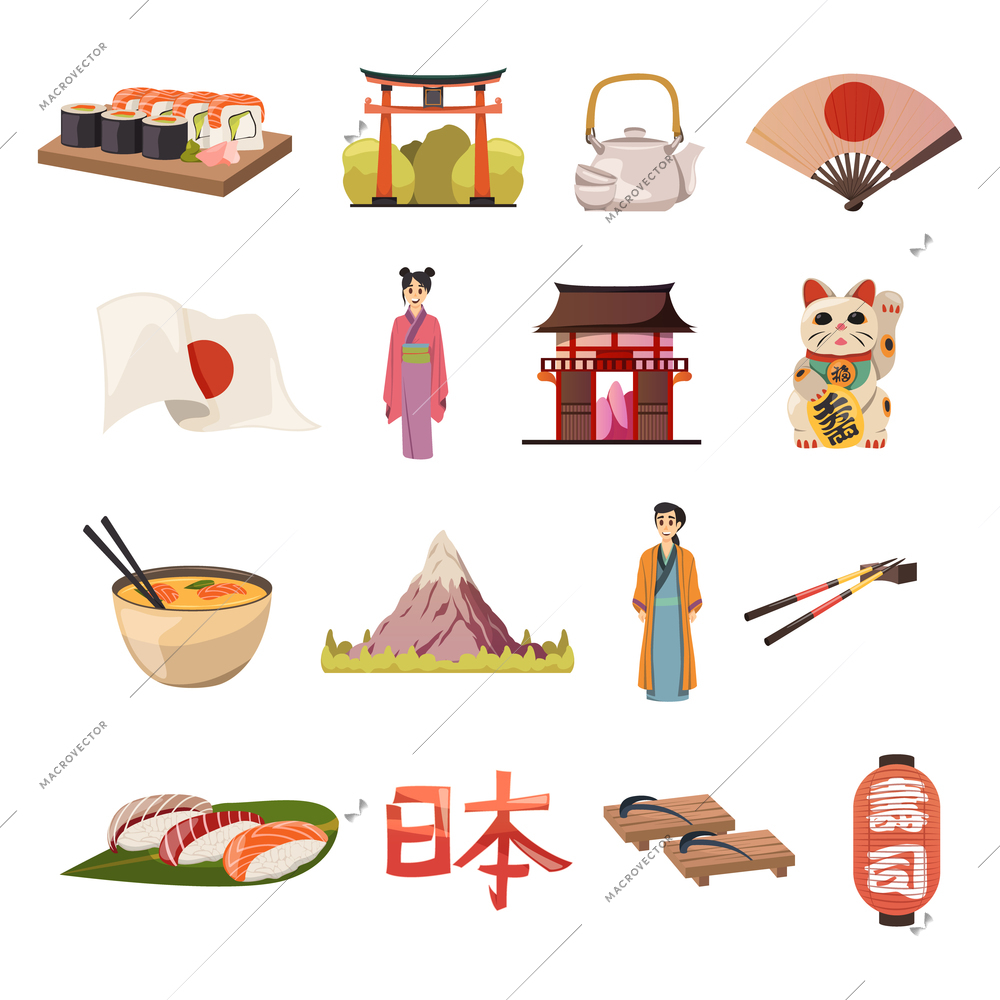 Japanese culture symbols traditions food clothing landmars and maneki neko talisman orthogonal icons collection isolated vector illustration