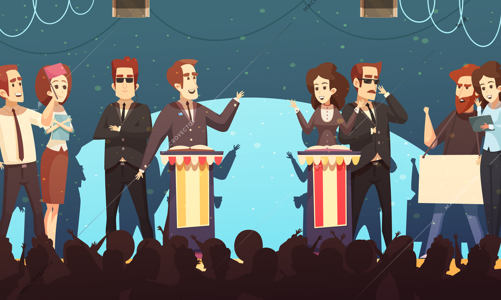 Presidential election candidates engaged in political debates in front of potential voters silhouettes cartoon poster vector illustration