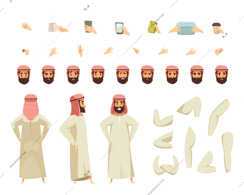 Arab man in traditional long white robe and colored headscarf with modern accessories options constructor set vector illustration