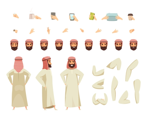 Arab man in traditional long white robe and colored headscarf with modern accessories options constructor set vector illustration