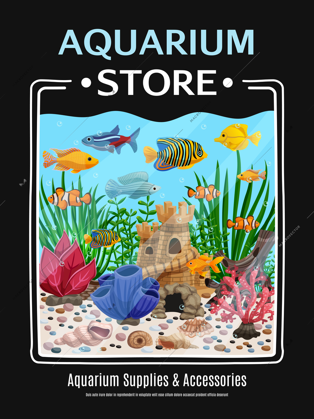 Aquarium supplies and accessories cartoon poster with colorful picture of underwater life vector illustration