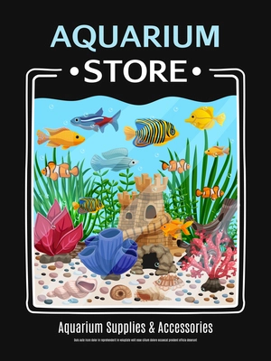 Aquarium supplies and accessories cartoon poster with colorful picture of underwater life vector illustration