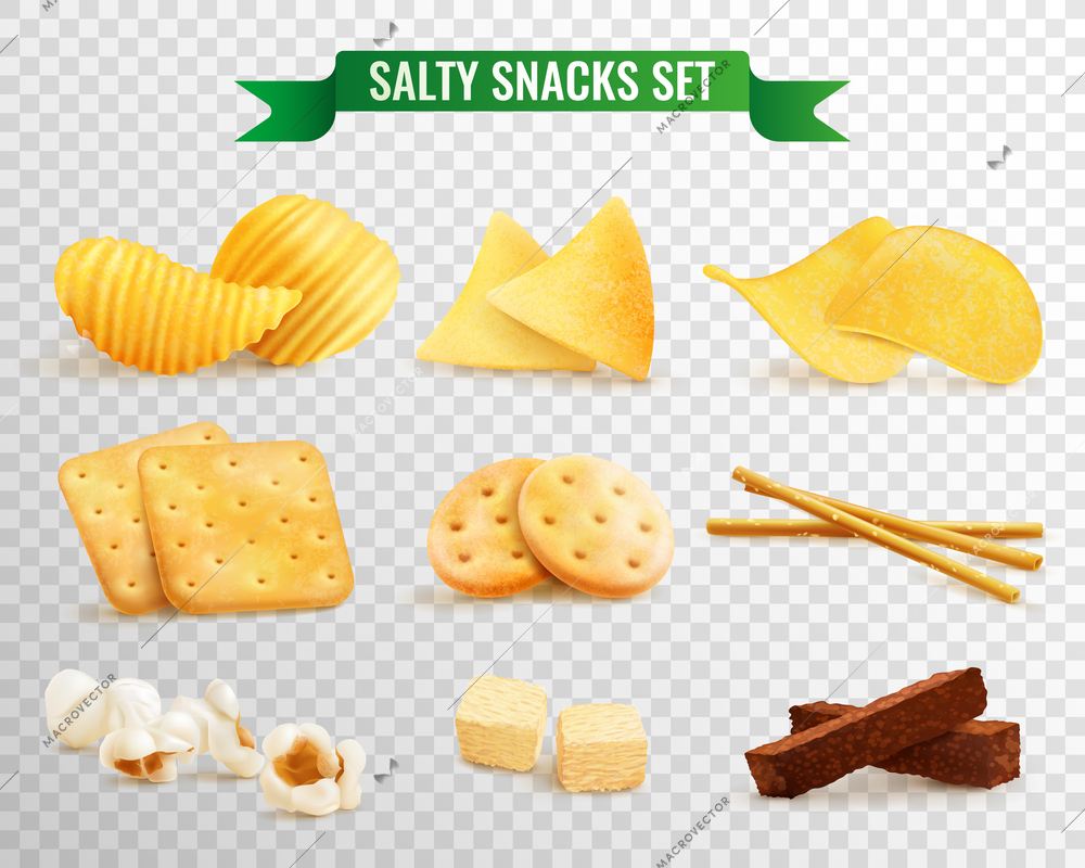 Collection of salty snacks images on transparent background with realistic pieces of chips and cookies vector illustration