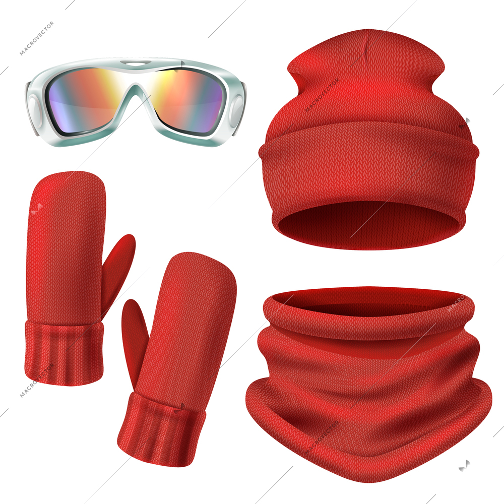 Red ski suit icon set with hat mittens and knit face protection vector illustration