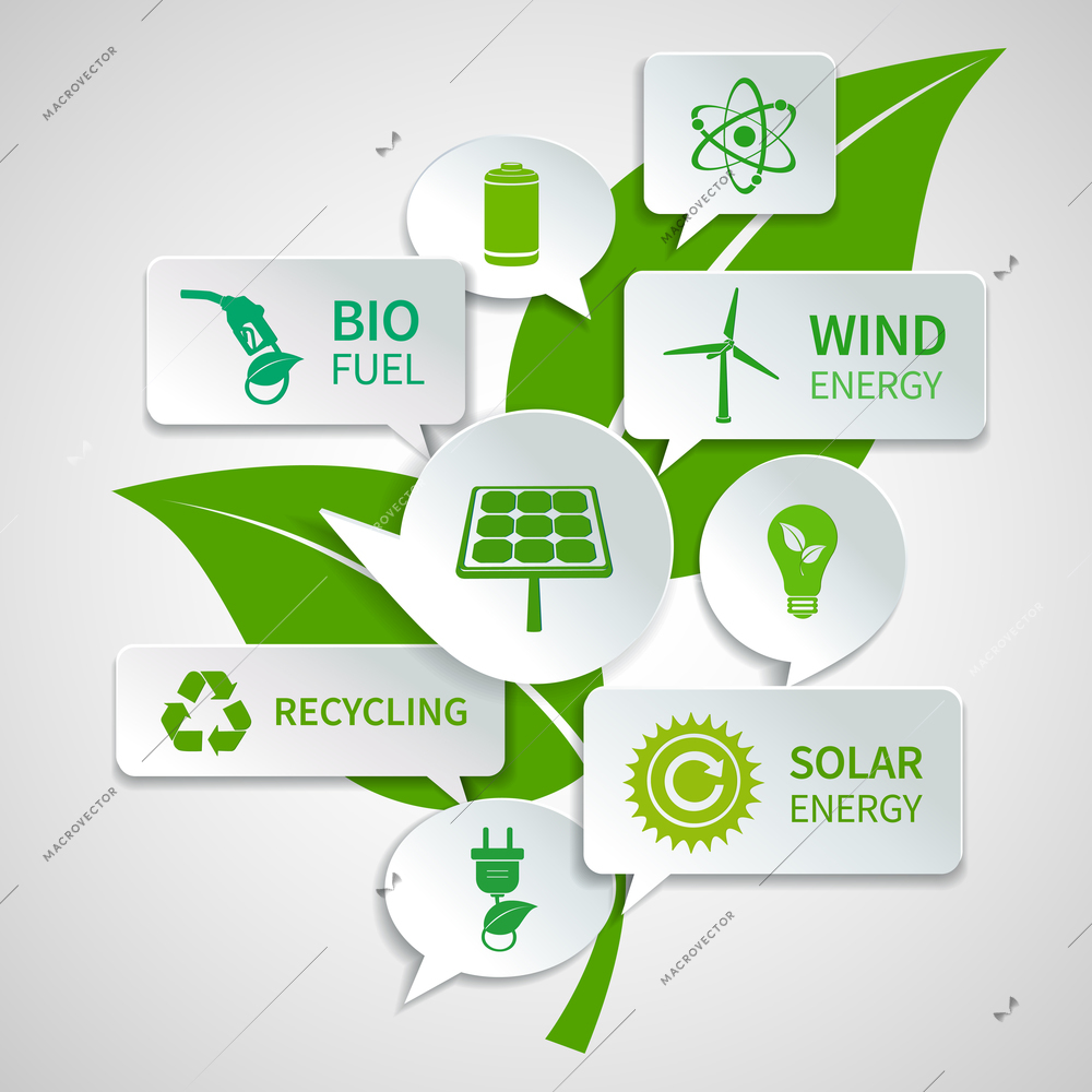 Energy and ecology paper speech bubbles business infographics design elements with green leaf background concept vector illustration