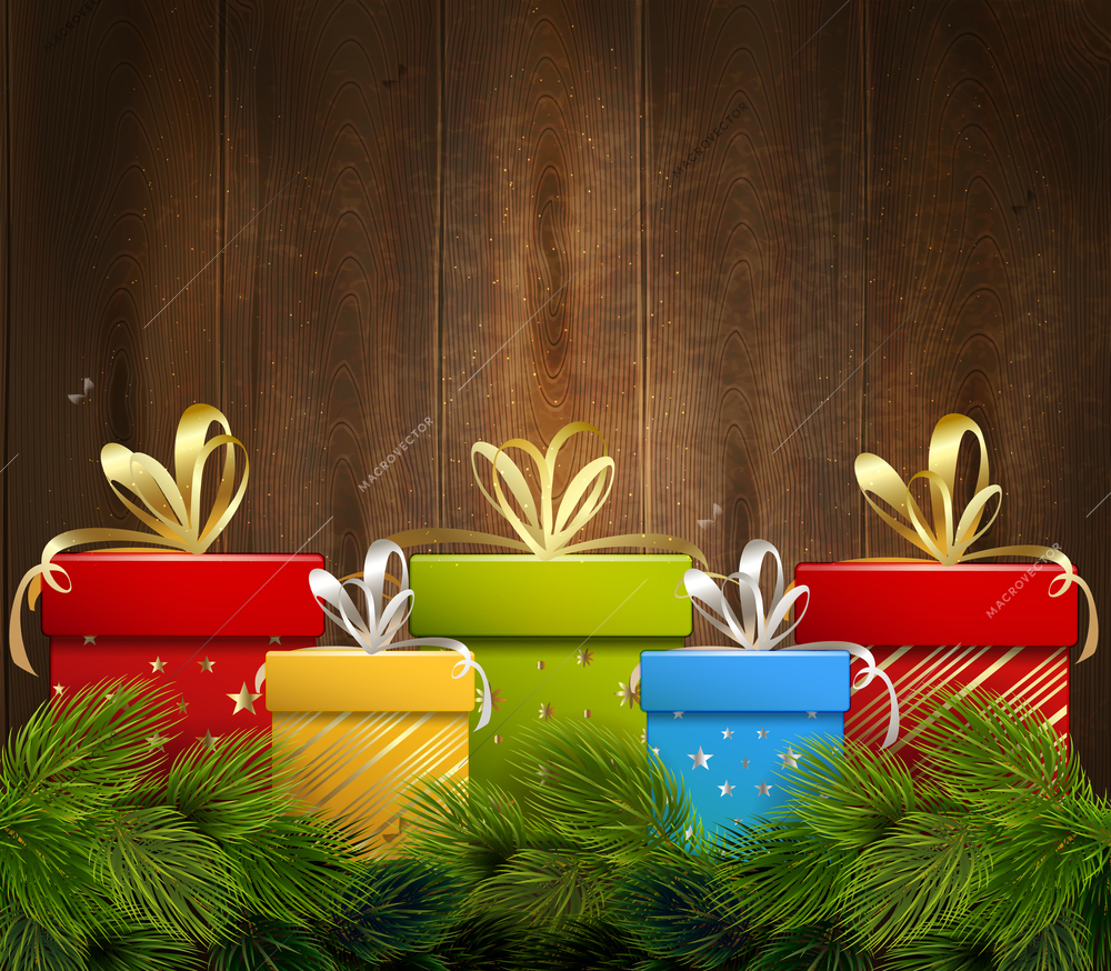 Festive wooden poster with colorful boxes of  christmas gift decorated with fir twigs realistic vector Illustration