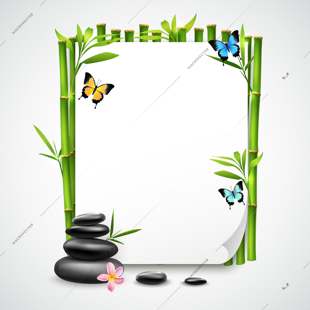 Empty sheet decorated with butterfly bamboo shoots and spa accessories realistic icons vector illustration