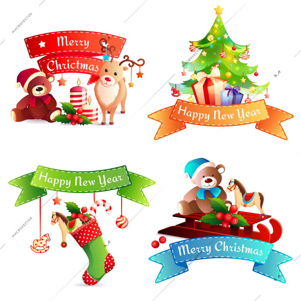 New year cartoon concept with greeting on stitched ribbon, christmas tree, gifts, animals, baubles isolated vector illustration