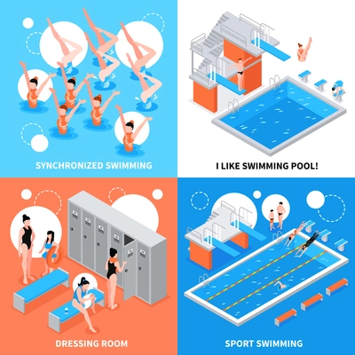 Isometric swimming pool design concept with four compositions of different water sport competitions and dressing room vector illustration