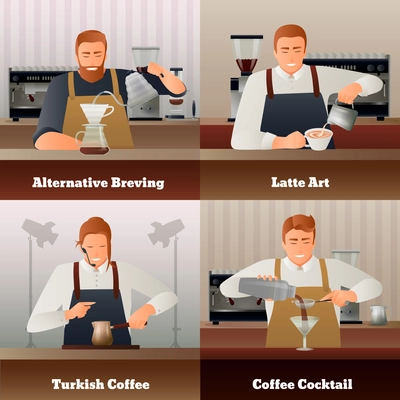 Barista and coffee gradient concept icons set  flat isolated vector illustration