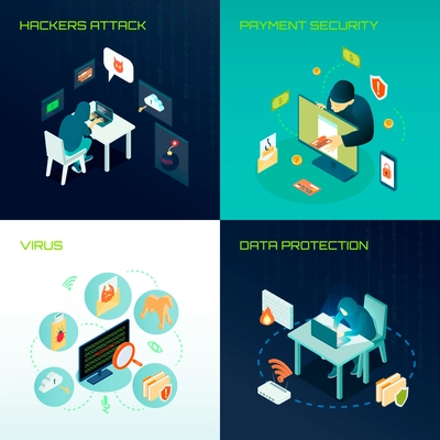 Hacker activity isometric design concept with virus attacks, data protection, payment security isolated vector illustration