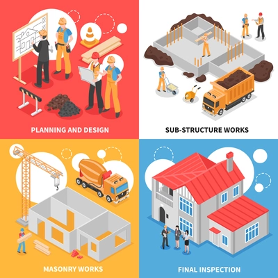 Builders design concept with compositions of construction equipment materials and transport with text and human characters vector illustration