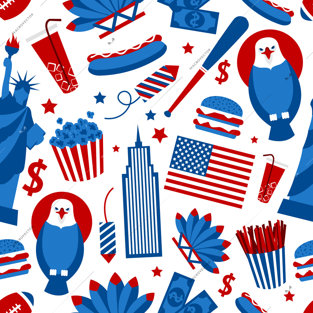 New York USA set of liberty statue skyscraper fast food seamless pattern vector illustration