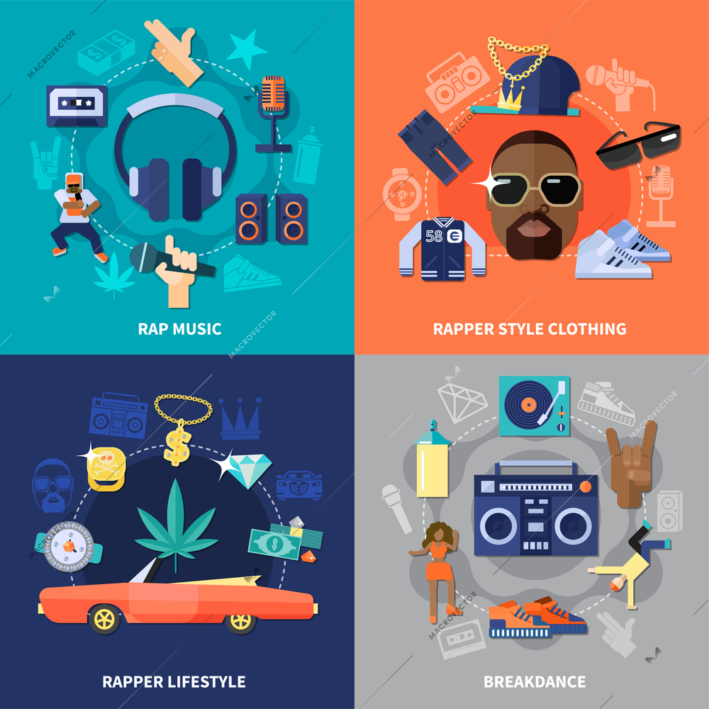 Rap music flat concept with clothing of rapper and lifestyle, breakdance isolated on color background vector illustration