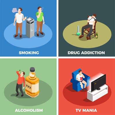 Addictions isometric design concept with smoking, drug, alcoholism and tv mania isolated on color background vector illustration