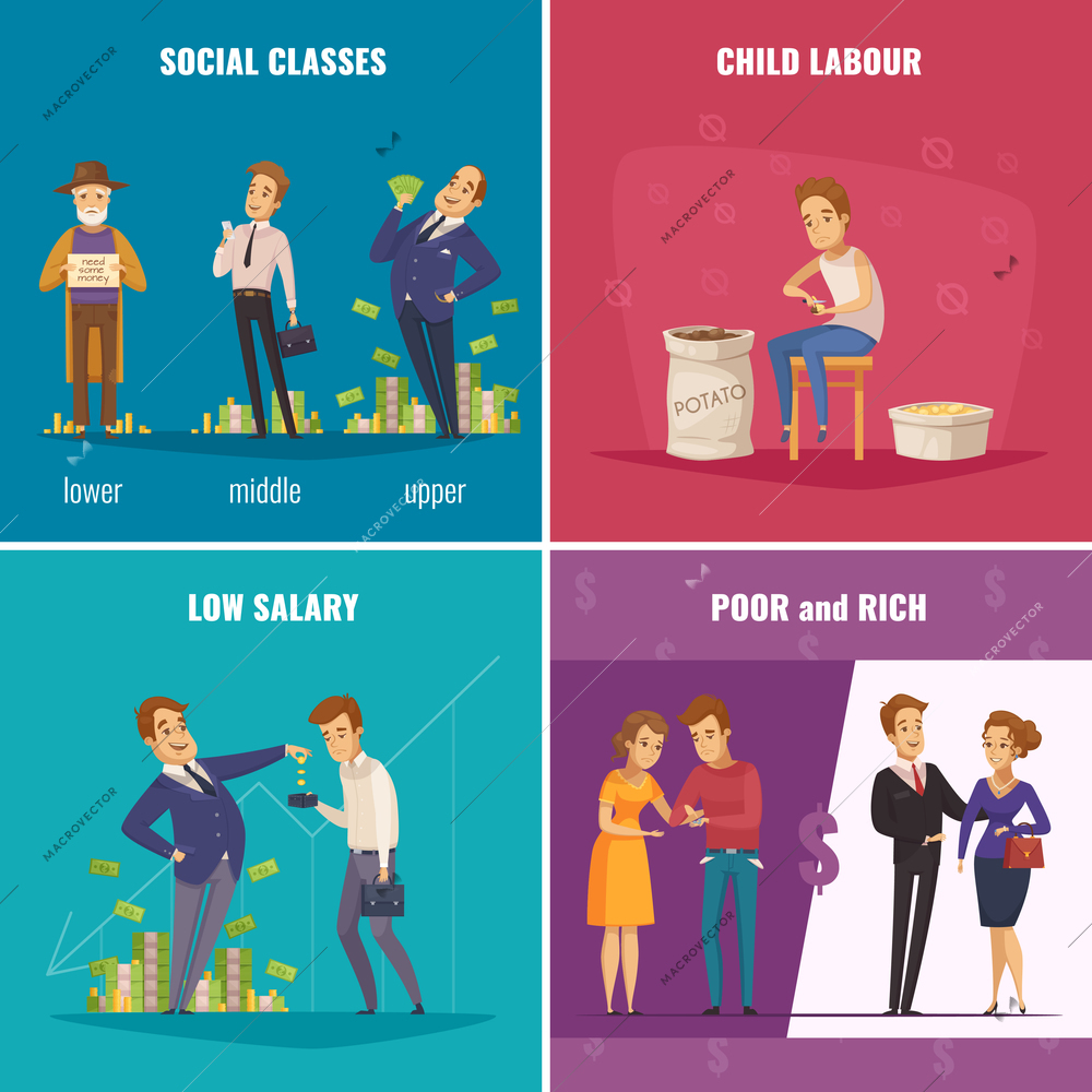 Poor and rich 2x2 design concept with social classes low salary child labour flat square icons cartoon vector illustration