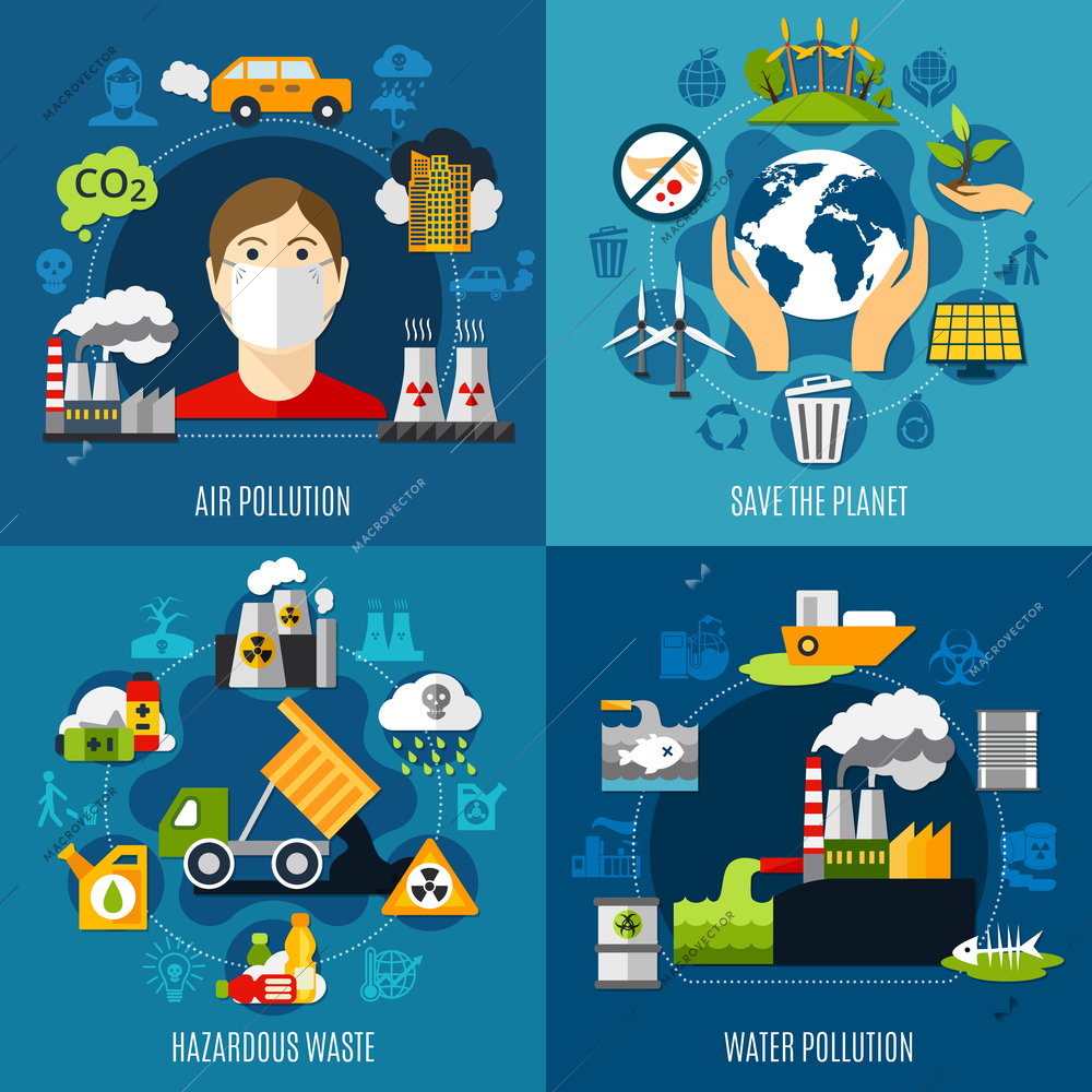 Environmental problems concept icons set with water and air pollution symbols flat isolated vector illustration