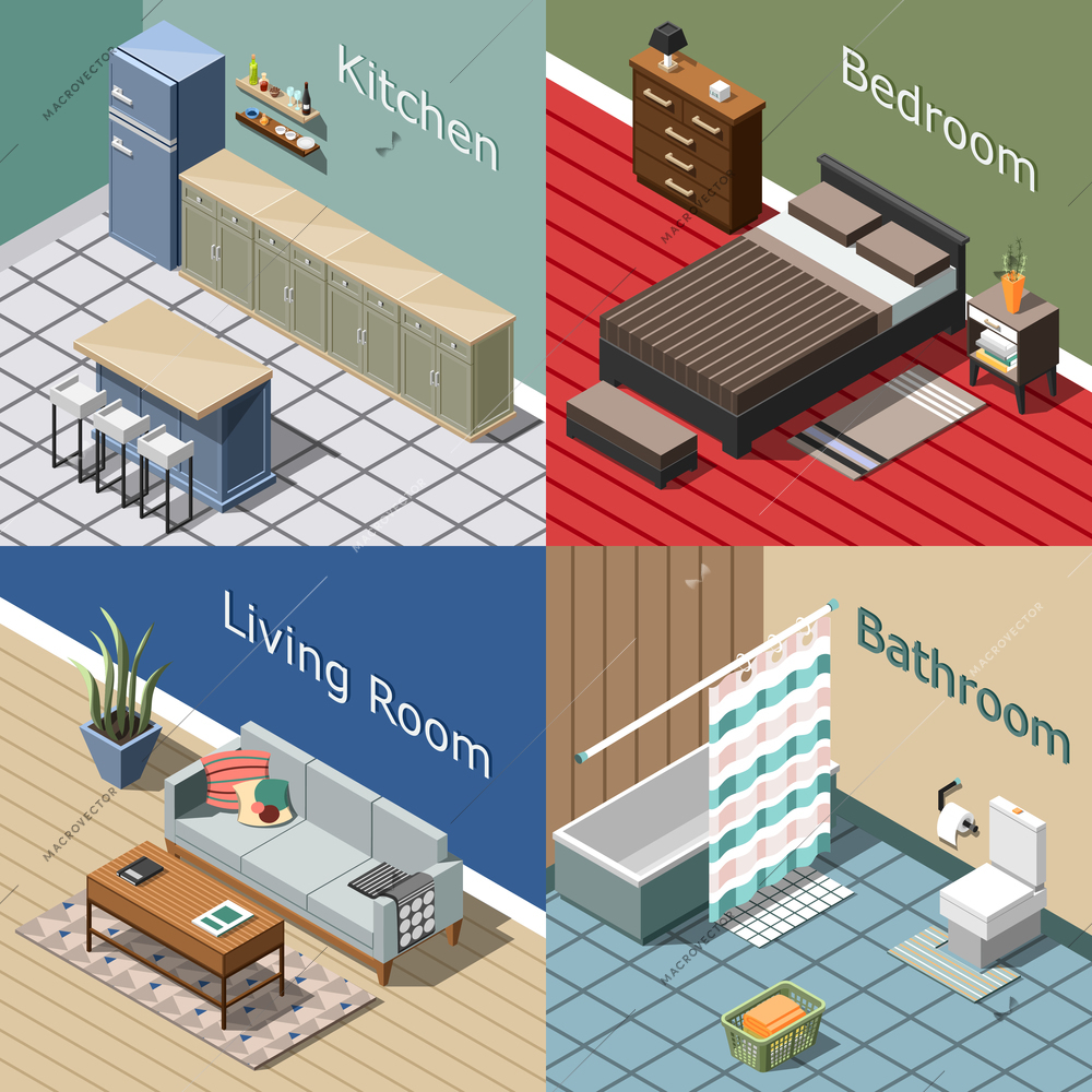 Residential interior isometric concept for home or hotel with kitchen, bedroom, lounge, bathroom isolated vector illustration