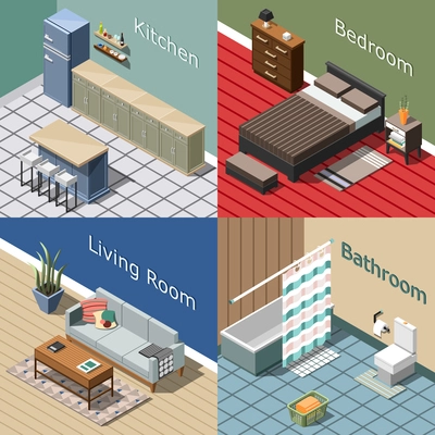 Residential interior isometric concept for home or hotel with kitchen, bedroom, lounge, bathroom isolated vector illustration