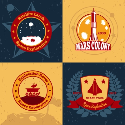 Space exploration emblems color 2x2 design concept with flat symbols and images of space systems and transport vector illustration