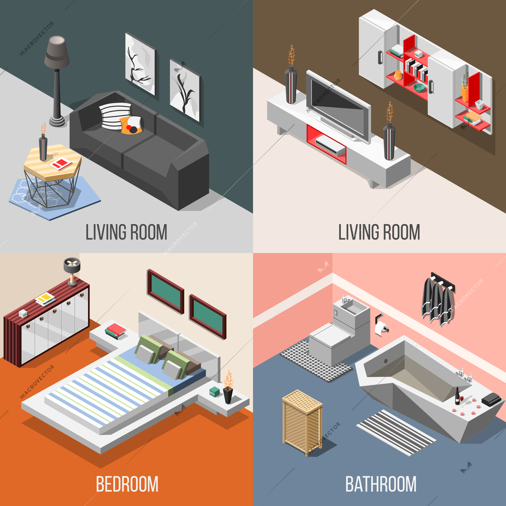 Futuristic home interior isometric concept including living room, bedroom, bathroom with hi-tech design isolated vector illustration