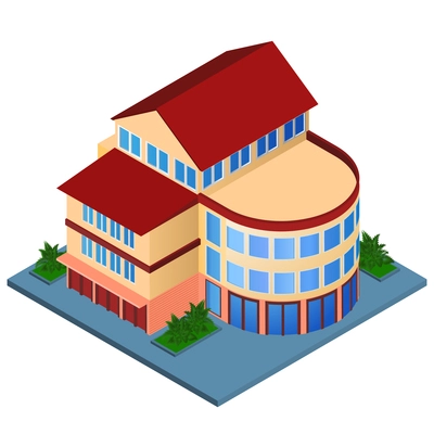 Modern 3d urban building with architectural elements isometric isolated vector illustration.