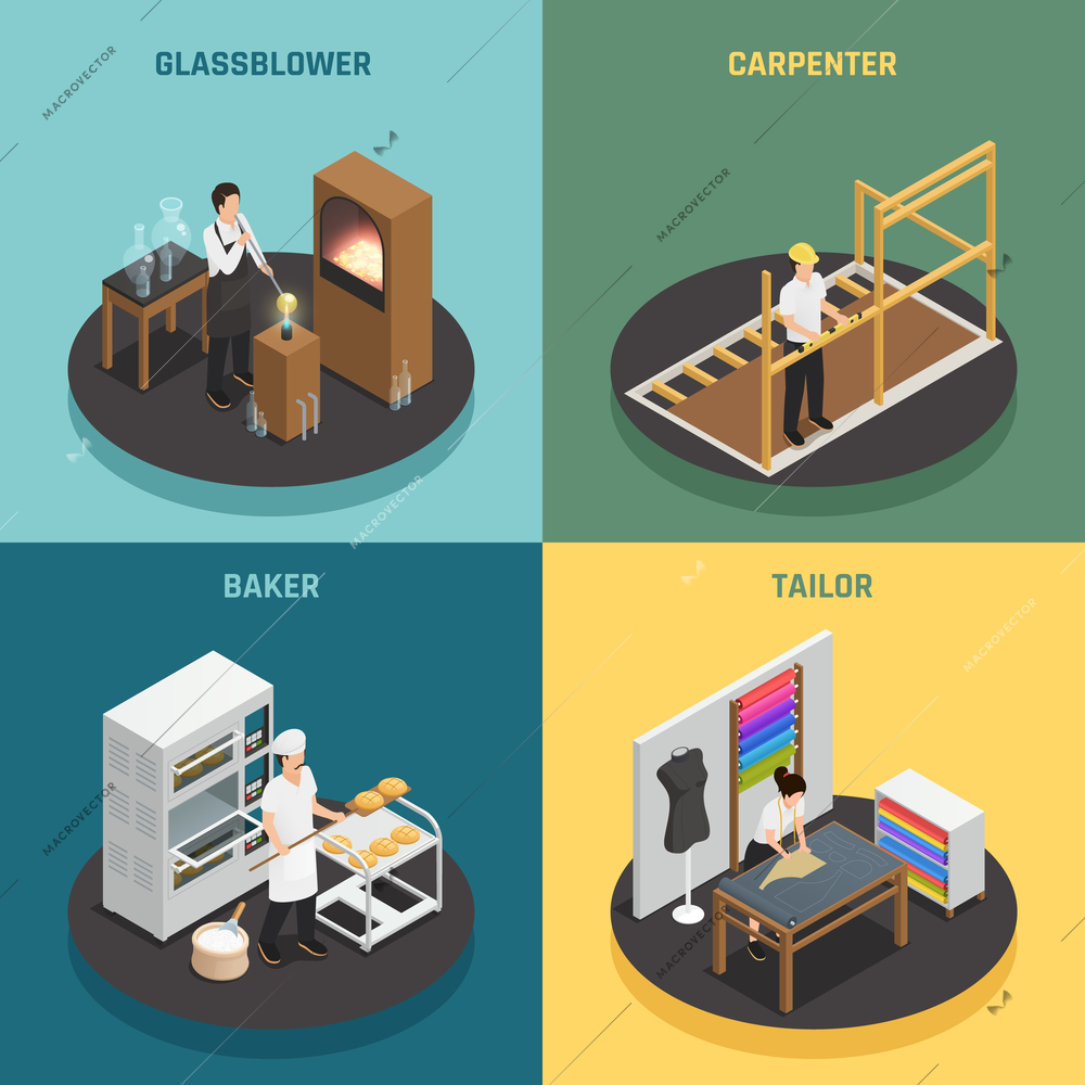 Artisan professions 2x2 design concept with baker glassblower carpenter tailor square icons isometric vector illustration