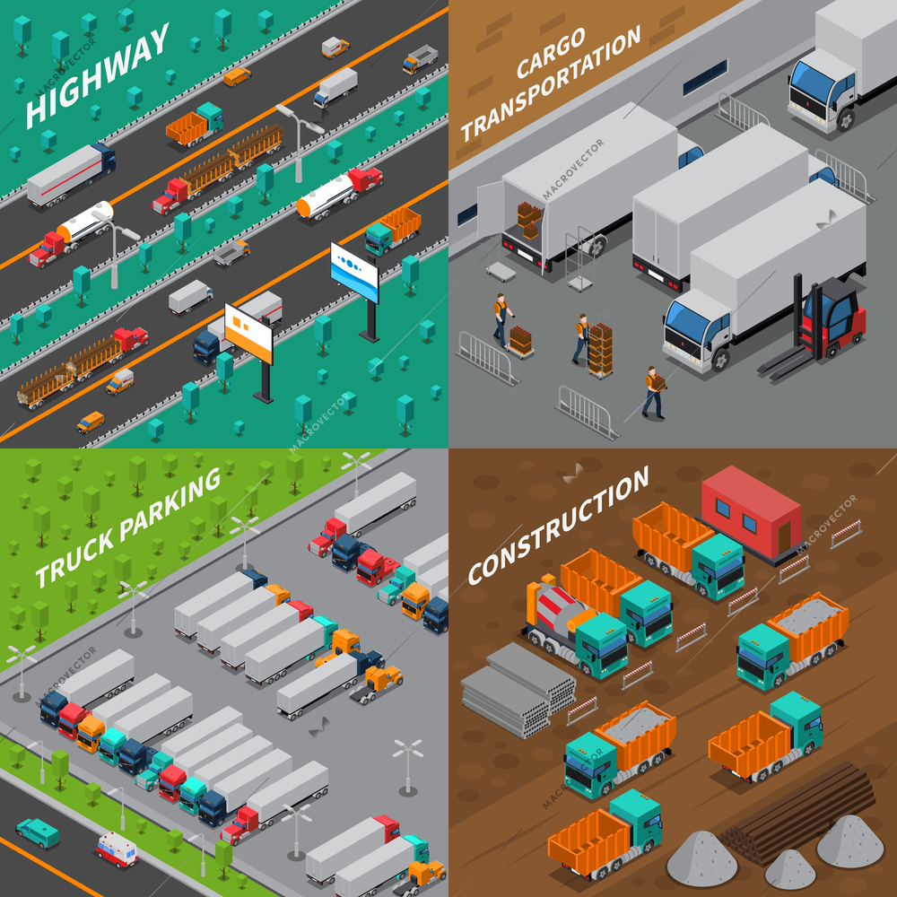 Trucks isometric design concept with highway and parking, cargo transportation and construction vehicles isolated vector illustration