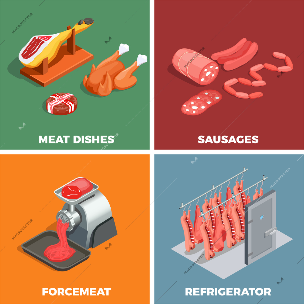 Butcher shop isometric concept including refrigerator with carcasses, meat dishes including jamon, sausages, mince isolated vector illustration