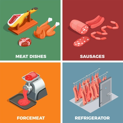 Butcher shop isometric concept including refrigerator with carcasses, meat dishes including jamon, sausages, mince isolated vector illustration