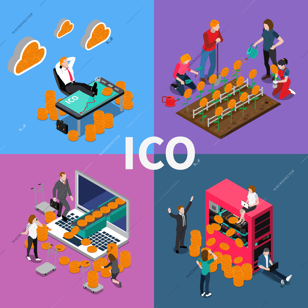 Blockchain ico isometric concept with initial coin offering, mining, cryptocurrency as reward, computer equipment isolated vector illustration
