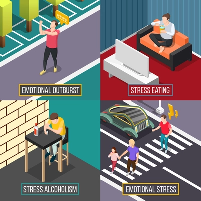 Stress people isometric concept with eating during depression, emotional outburst, alcohol abuse isolated vector illustration