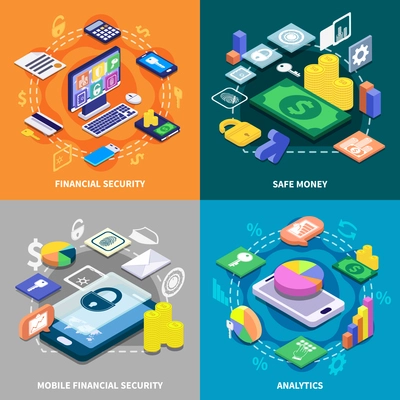 Financial security and safe money transaction 2x2 isometric concept isolated on colorful backgrounds 3d vector illustration