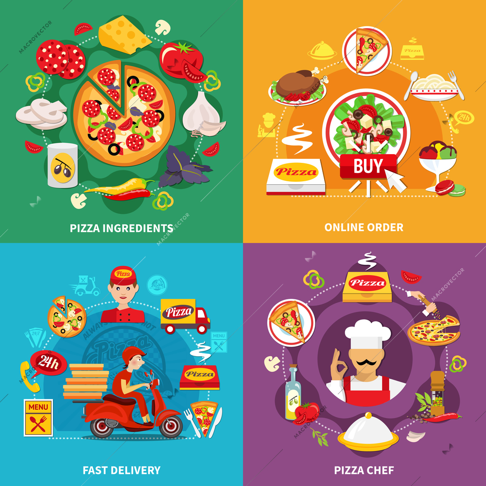 Pizza design concept with round compositions of pizza ingredients delivery service and online ordering application images vector illustration