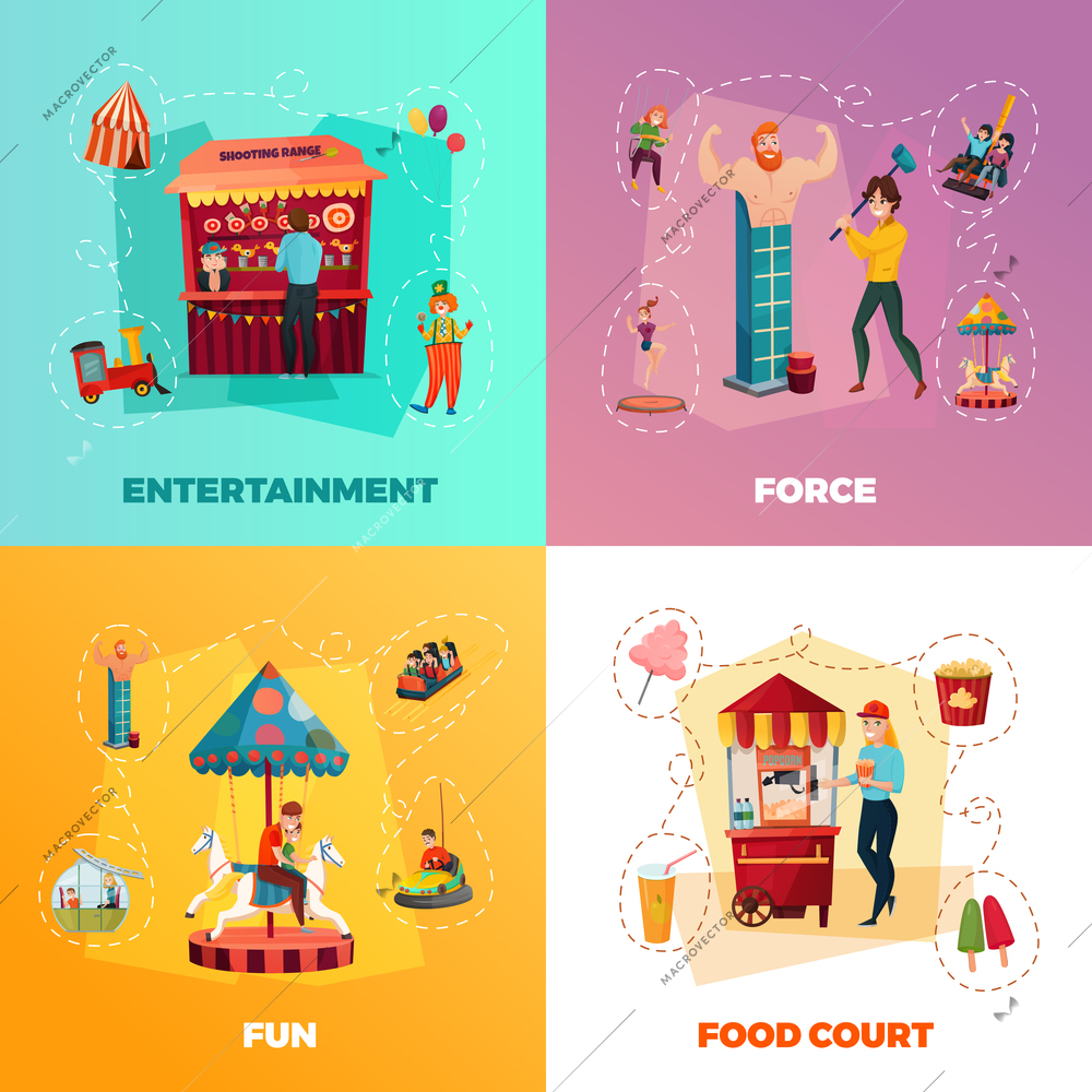 People in amusement park 2x2 design concept with entertainment force fun and food court square icons cartoon vector Illustration