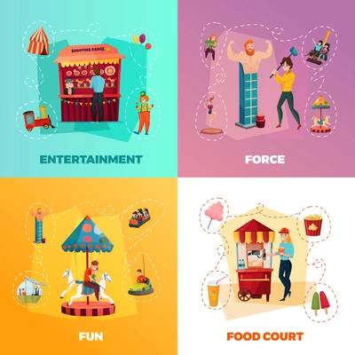 People in amusement park 2x2 design concept with entertainment force fun and food court square icons cartoon vector Illustration