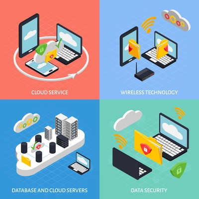 Cloud office isometric concept icons set with database symbols isolated vector illustration