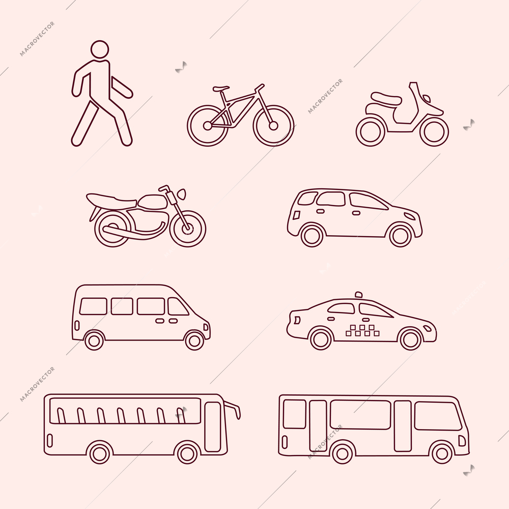 Transportation icons of pedestrian, bike, scooter, taxi, bus vector illustration