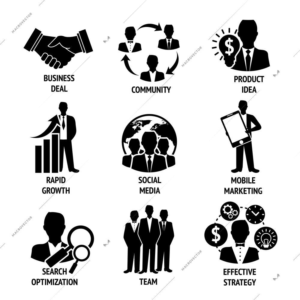 Business people meeting managements black and white icons set of business deal community product idea isolated vector illustration