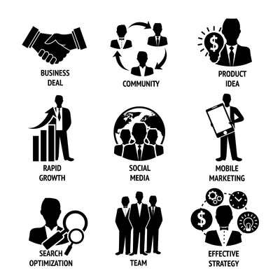 Business people meeting managements black and white icons set of business deal community product idea isolated vector illustration