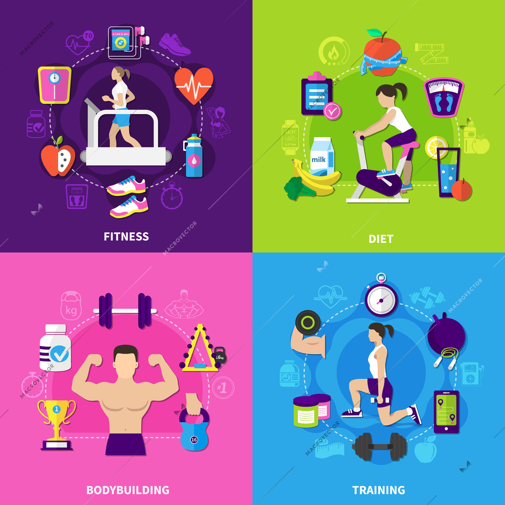 Fitness flat design concept with exercise equipment, diet food, bodybuilding, training isolated on colorful background vector illustration