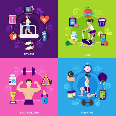 Fitness flat design concept with exercise equipment, diet food, bodybuilding, training isolated on colorful background vector illustration