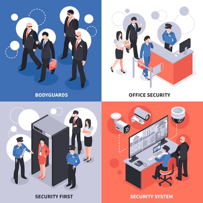 Security system isometric design concept with bodyguards, office access control, video monitoring, checkpoint isolated vector illustration