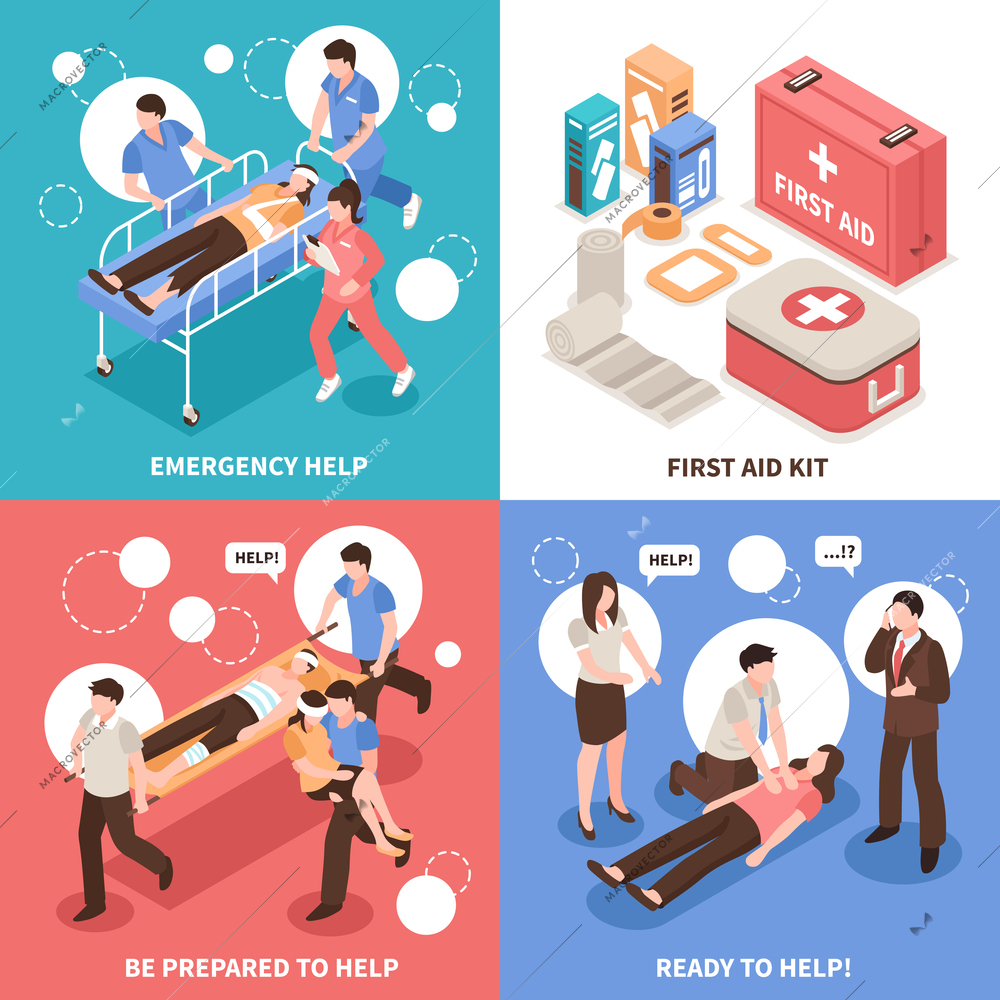 First aid isometric design concept with emergency help, people ready to assistance, medical kit isolated vector illustration