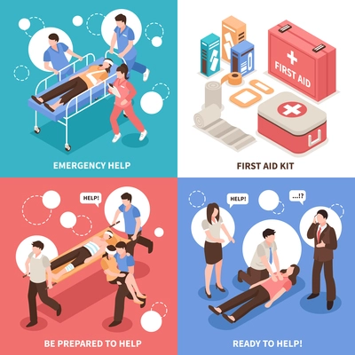 First aid isometric design concept with emergency help, people ready to assistance, medical kit isolated vector illustration